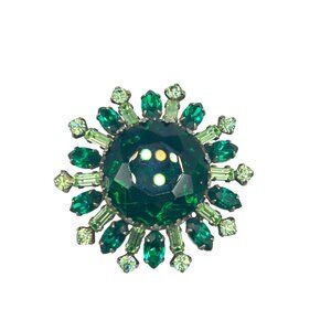 Vintage Glowing Brooch UV reactive Rhinestones Domed Emerald Green Glass Pin